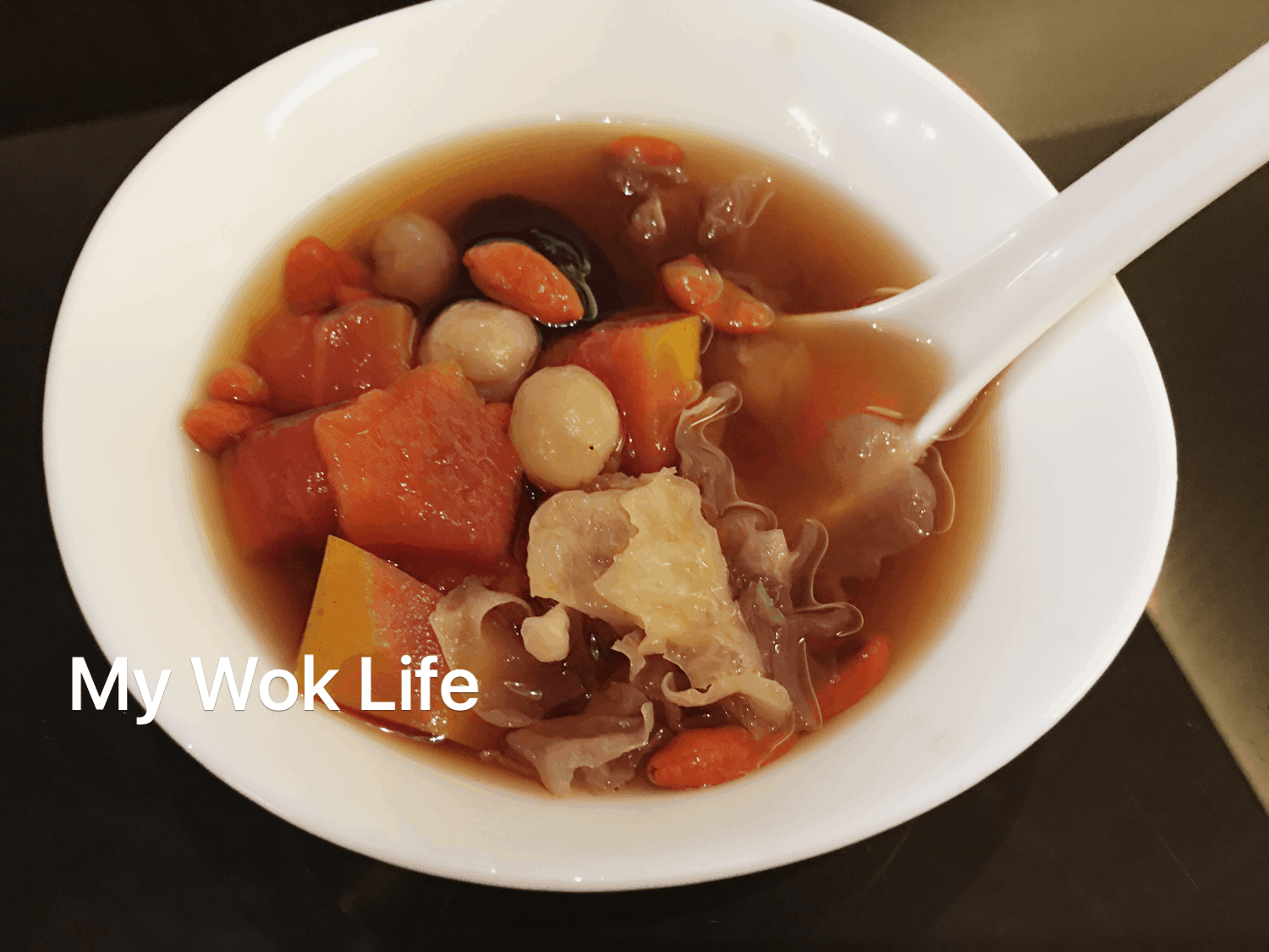 My Wok Life Cooking Blog - Papaya Snow Fungus Sweet Soup with Black Sugar (木瓜雪耳黑糖水) -
